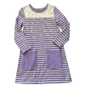 Mini Boden purple striped dress gold polka dots 6 7 cotton pockets